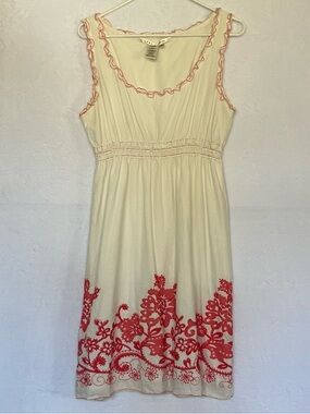 Max Studio XL Cream Red Floral Embroidered Ruffle Peasant Cinch Waist Cotton